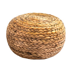 Braided natural water hyacinth pouf, round shape, eco-friendly material, isolated on clean white background, coastal style product photography.