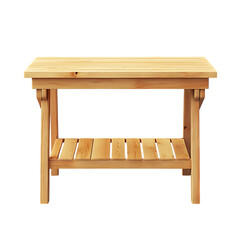 Compact natural pine potting bench, simple design with work surface and lower shelf, isolated on light grey background, functional garden furniture photo.