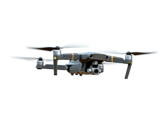 A drone hovering in mid-air with propellers visible, on a solid white background