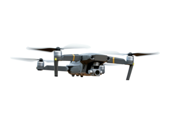 A drone hovering in mid-air with propellers visible, on a solid white background