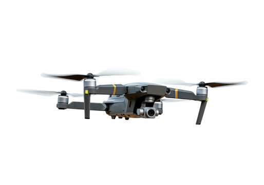 A drone hovering in mid-air with propellers visible, on a solid white background