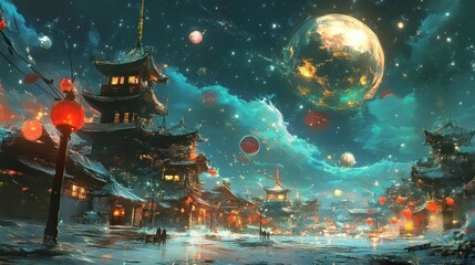 Obraz premium Enchanted Asian Village Under a Celestial Sky