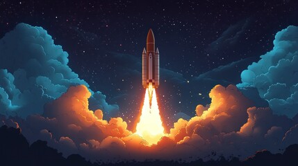 Pixel art rocket launch into space.