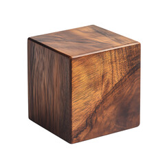 Solid block-like wooden stool, dark walnut finish, minimalist cubic form, Japandi accent piece, isolated on pure white background, sharp focus studio shot.