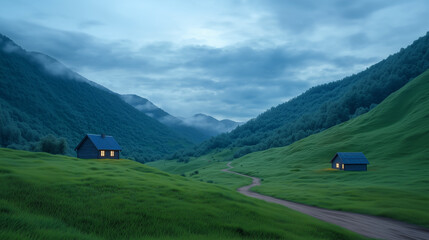 Fototapeta premium Cozy Cabins in Lush Green Valley