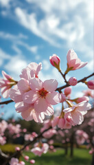 Fototapeta premium Blooming Cherry Blossoms Against Blue Sky