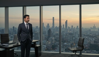 Fototapeta premium South Asian businessman standing in office overlooking city skyline at sunset, embodying success and ambition.