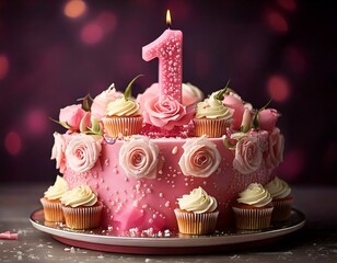 Elegant First Birthday Cake with Roses and Cupcakes