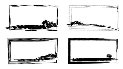 Grunge graffiti stencil frames with spray paint borders. Black vector rectangles and squares. Airbrushing paint banners, splatter ink shapes. Banner with scratched surface for your design.