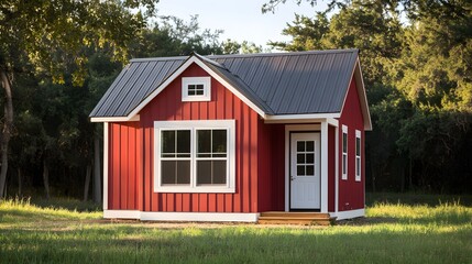Obraz premium A small red barn-style house with white trim and a charming loft window