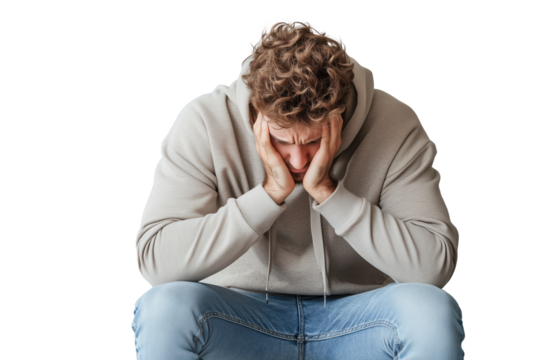 Verzweifelter junger Mann sitzt mit gesenktem Kopf PNG mit transparentem Hintergrund

