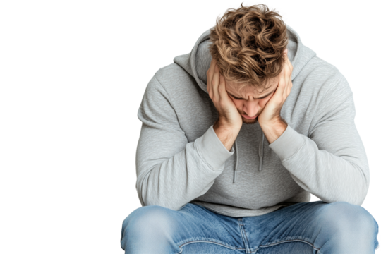 Verzweifelter junger Mann sitzt mit gesenktem Kopf PNG mit transparentem Hintergrund

