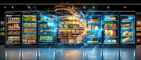 Revolutionary smart vending machine experience modern store digital display urban environment wide angle technology innovation