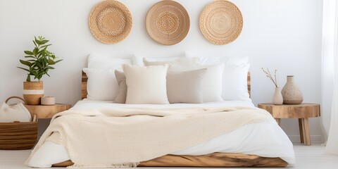 A white bedroom with a wooden headboard, round wicker mirrors on the wall, linen bed sheets and white pillows, and wooden nightstands. A cozy interior design of a modern bedroom. bokeh background