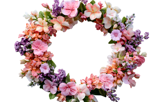 Wreath of spring flowers on a transparent background