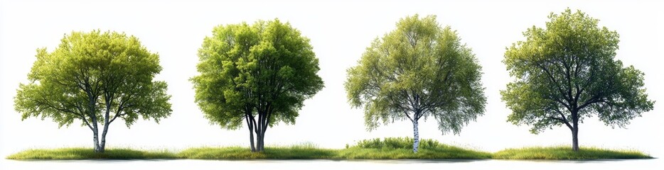 Fototapeta premium Collection of aspen trees with green foliage isolated against a transparent or white backdrop