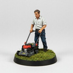 Miniature figure pushing a lawnmower on grass, white shirt, blue jeans, short brown hair. Black and red lawnmower with yellow details. 