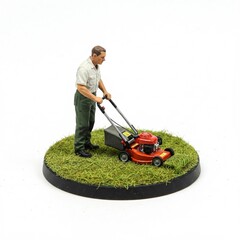 Miniature figure pushing a lawnmower on grass, white shirt, green jeans, short brown hair. Black and red lawnmower with yellow details. 