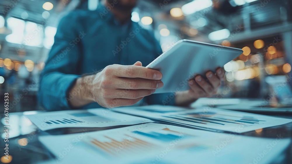 Aufkleber A person intently inspects stock performance charts on a tablet, surrounded by printed reports filled with vibrant graphs and statistics in a modern office environment