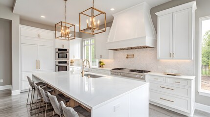 Glossy white kitchen with a waterfall edge island, under-cabinet LED lighting, and subtle gold details.