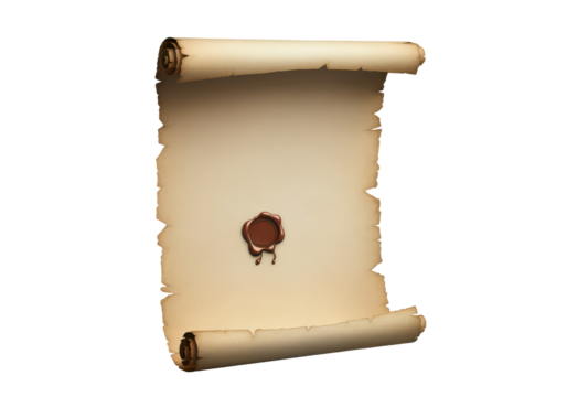 A floating rolled-up parchment scroll with a wax seal, isolated on a solid white background.