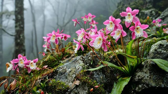 Pink and white orchids grow on mossy rocks in the foggy forest