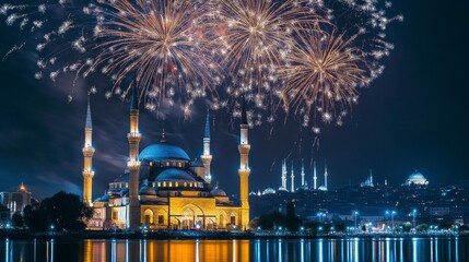 Obraz premium Illuminated Mosque and Fireworks Display Over Istanbul Skyline at Night