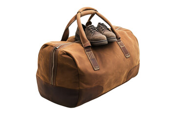 A stylish leather duffel bag with brown shoes resting on top, ready for a weekend getaway isolated on transparent background