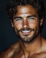 Fototapeta premium Muscular male model posing shirtless in a studio with a neutral background