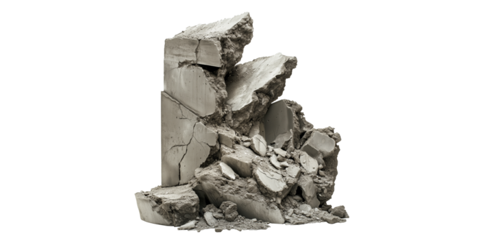 Concrete fragments of destroyed building isolated on transparent background