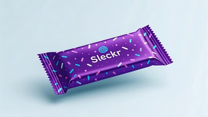 Purple energy bar packaging, geometric low-poly design, vibrant ultraviolet color, metallic foil wrapper, product photography, studio lighting, clean background, 3D render, high detail, sleek branding