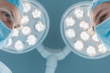 Surgeons prepare for an important operation under bright surgical lights