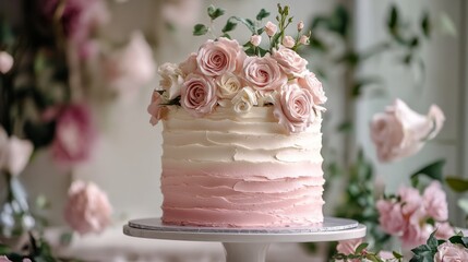 A pink ombre rosette cake with layers of piped buttercream roses 