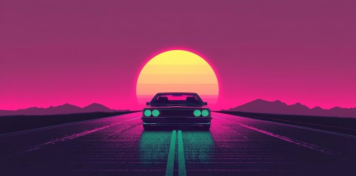 A retro road serves as the backdrop for a nostalgic '80s synthwave car journey, complete with neon lights and vintage flair