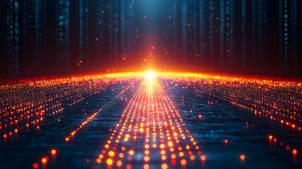 Fototapeta premium Illuminated Digital Pathway: An artistic digital illustration, featuring a dynamic composition of glowing dots and lines converging towards a bright focal point.