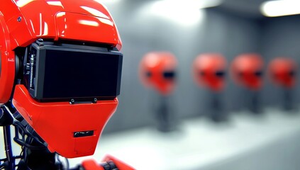 Fototapeta premium Sky-Fi Android robots, among which are three red ones, are ready to spring into action