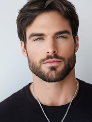 Obraz premium The image is a close-up portrait of a young man's face. He has a full beard and mustache and his hair is styled in a short slicked-back manner. He is wearing a black t-shirt and a silver chain necklac