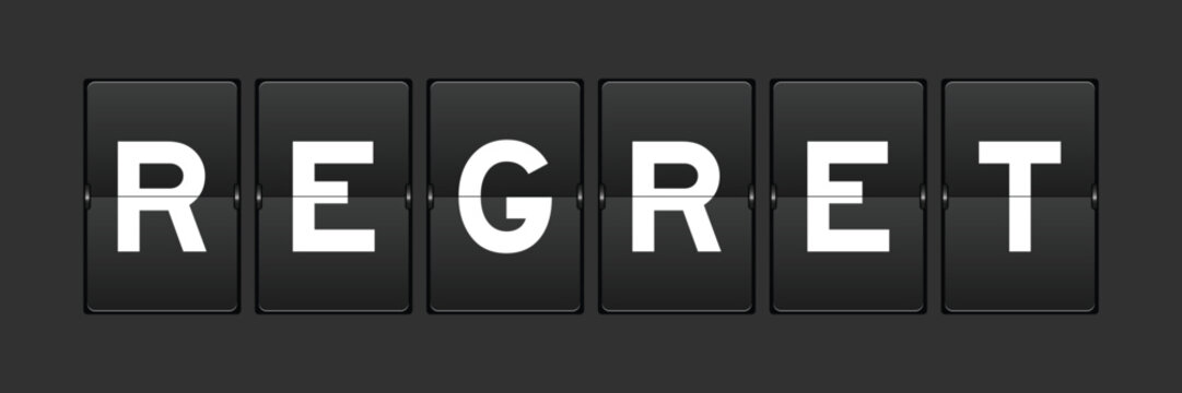 Black color analog flip board with word regret on gray background