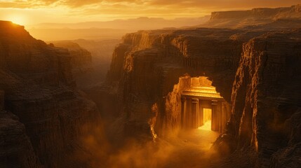 Grand canyon at sunset with golden light shining through a mysterious portal.