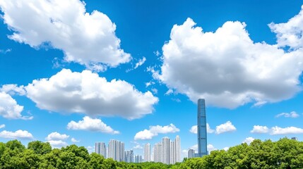Obraz premium Bright City Skyline Under Cumulus Clouds