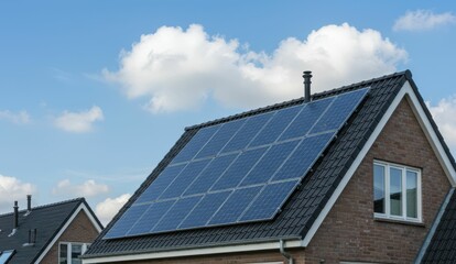 Fototapeta premium Solar panels on residential houses in a Dutch neighborhood promote renewable energy, eco-friendly living, sustainability.