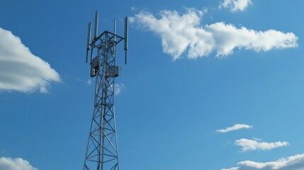 Cell Tower Against a Blue Sky with White Cumulus Clouds
