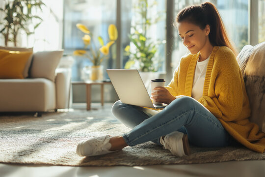 Woman Relaxing at Home, Working on Laptop, Cozy Yellow Cardigan