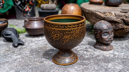 Ornate goblet, artisan market, carved figures, sunny day, craft sale