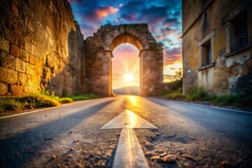 Heavenly Path: White Arrow Guiding to Ancient Doorway - Tilt-Shift Stock Photo