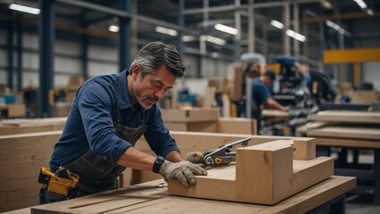 Skilled carpenter focused on crafting wooden furniture in workshop  