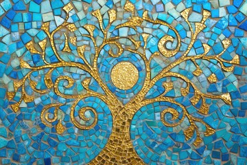 Colorful mosaic Tree of Life artwork with small golden and turquoise tiles creating a vibrant pattern