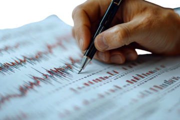 A Hand Meticulously Analyzing Complex Financial Data, Charting A Course Through Intricate Market Trends With A Silver Pen On Crisp White Paper Isolated on Transparent Background