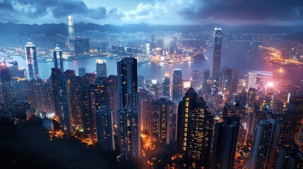 Fototapeta premium Hong Kong Night: A Dazzling Skyline Panorama