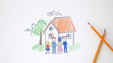 Colorful Child's Drawing of a Happy Family in Front of Their House